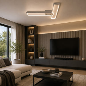 Nino LIMEA geometric LED ceiling light in a modern dining room.
