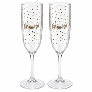 Two clear champagne flutes with gold confetti dots and the word 'Cheers!' printed in gold on the front, shown on a white background.