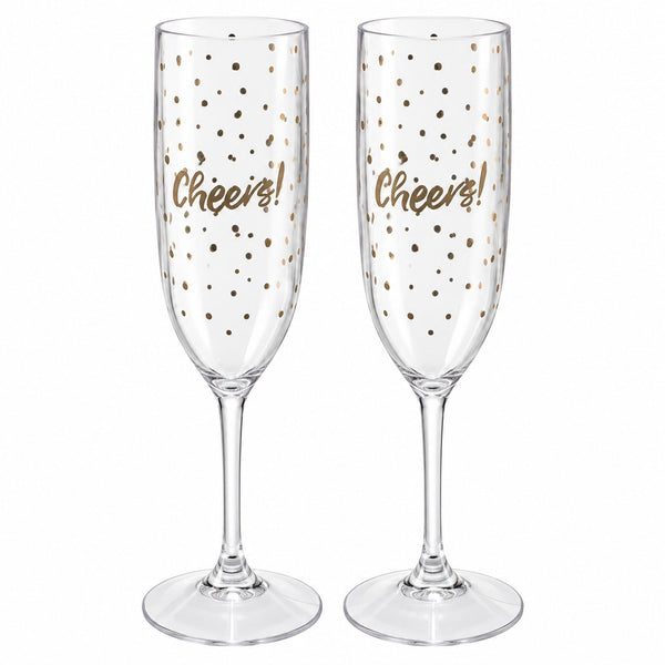 Two clear champagne flutes with gold confetti dots and the word 'Cheers!' printed in gold on the front, shown on a white background.