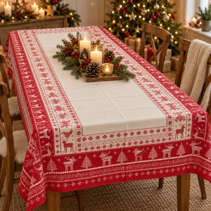 A rectangular holiday tablecloth with a red and white Nordic-style pattern featuring reindeer, trees, and snowflakes, styled on a dining table with candles and a festive green garland in a decorated living room.