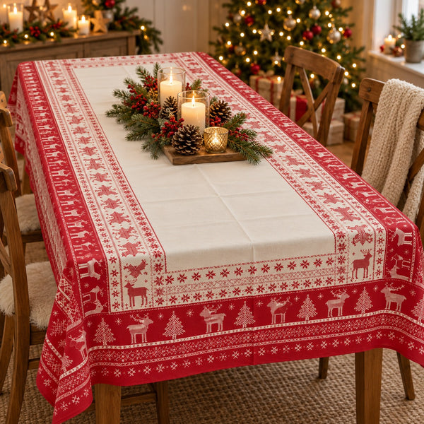 A rectangular holiday tablecloth with a red and white Nordic-style pattern featuring reindeer, trees, and snowflakes, styled on a dining table with candles and a festive green garland in a decorated living room.