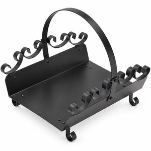 Black wrought iron fireplace fire basket with decorative scrollwork on the sides and a tall arched handle, shown on a white background.