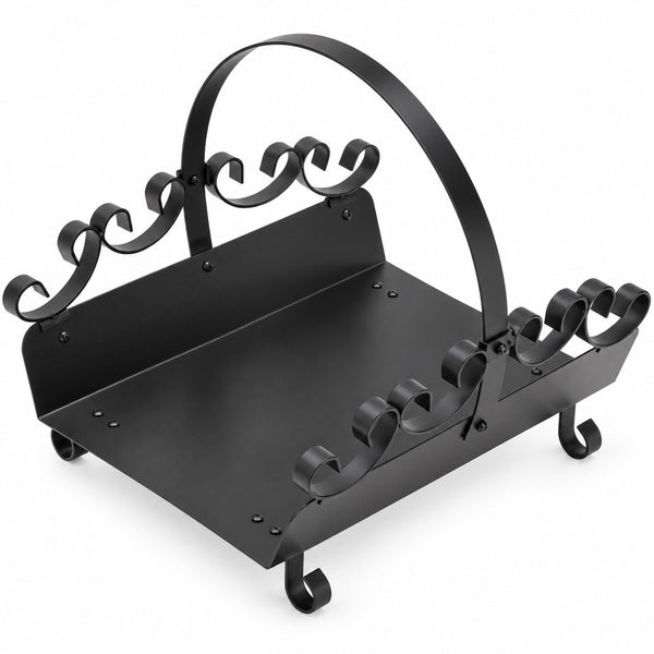 Black wrought iron fireplace fire basket with decorative scrollwork on the sides and a tall arched handle, shown on a white background.