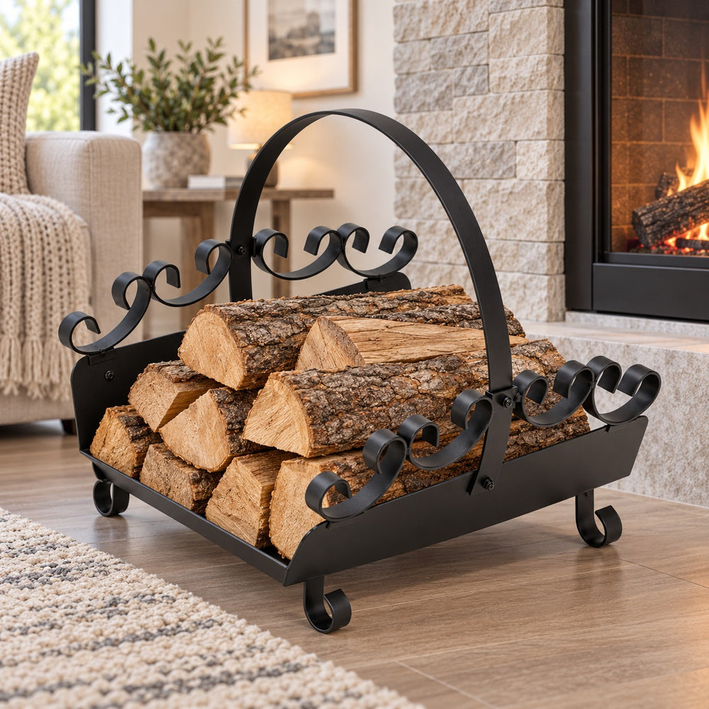 Black wrought iron firewood rack filled with cut logs, placed in a cozy living room beside a stone fireplace and wood floor.