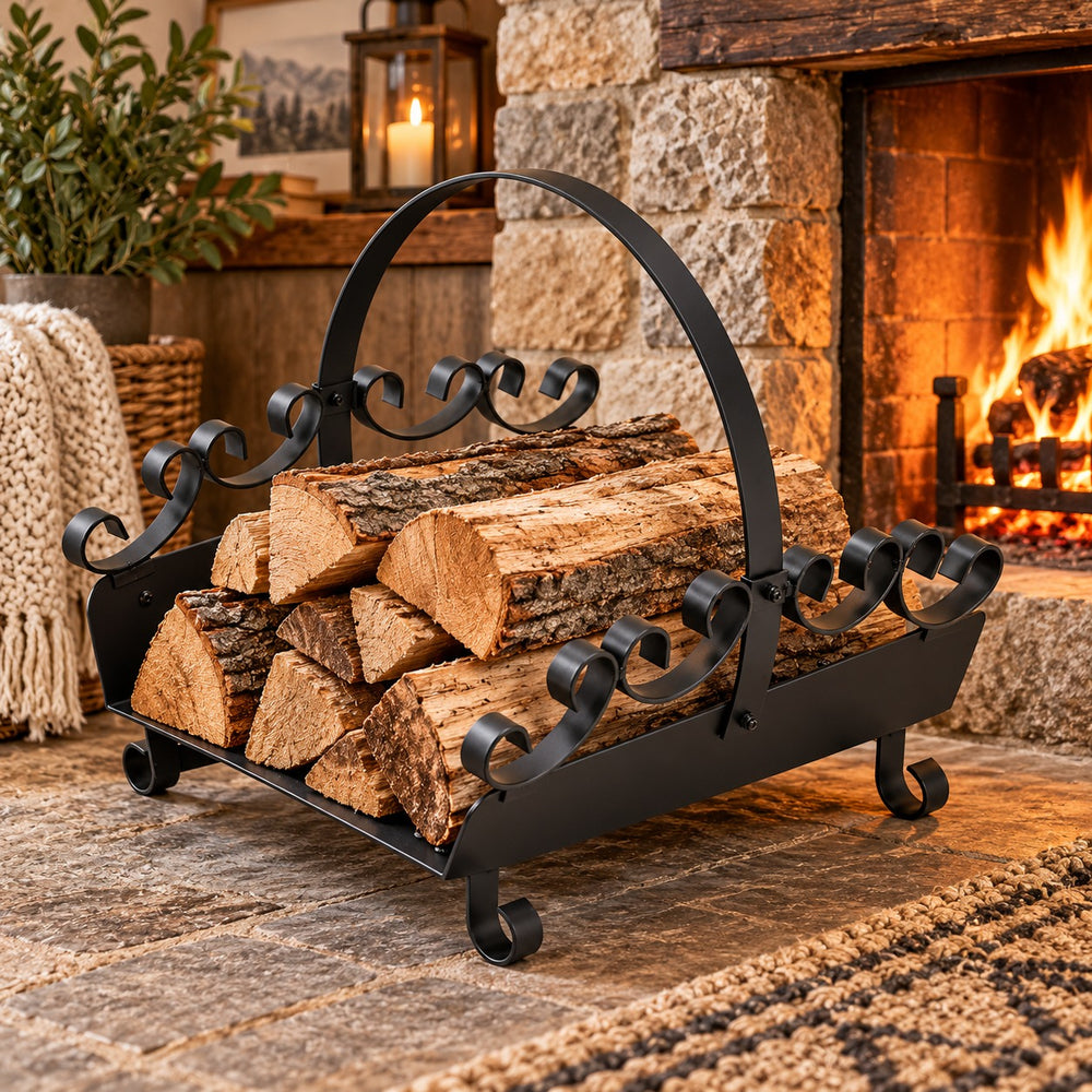 Black wrought iron firewood rack filled with cut logs, placed in a cozy living room beside a stone fireplace and wood floor.