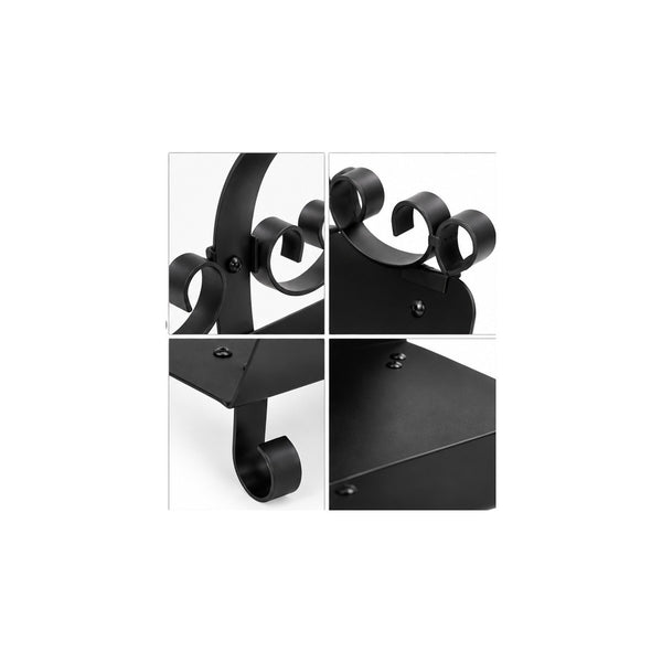 A four-panel close-up collage of a black metal wall hook or bracket, showing different angles of the scrollwork design and mounting surface on a white background.
