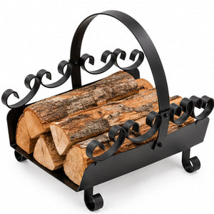 Black wrought iron log rack with decorative scrollwork and a carrying handle, shown holding cut firewood logs on a white background.