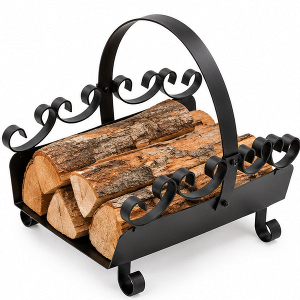 Black wrought iron log rack with decorative scrollwork and a carrying handle, shown holding cut firewood logs on a white background.