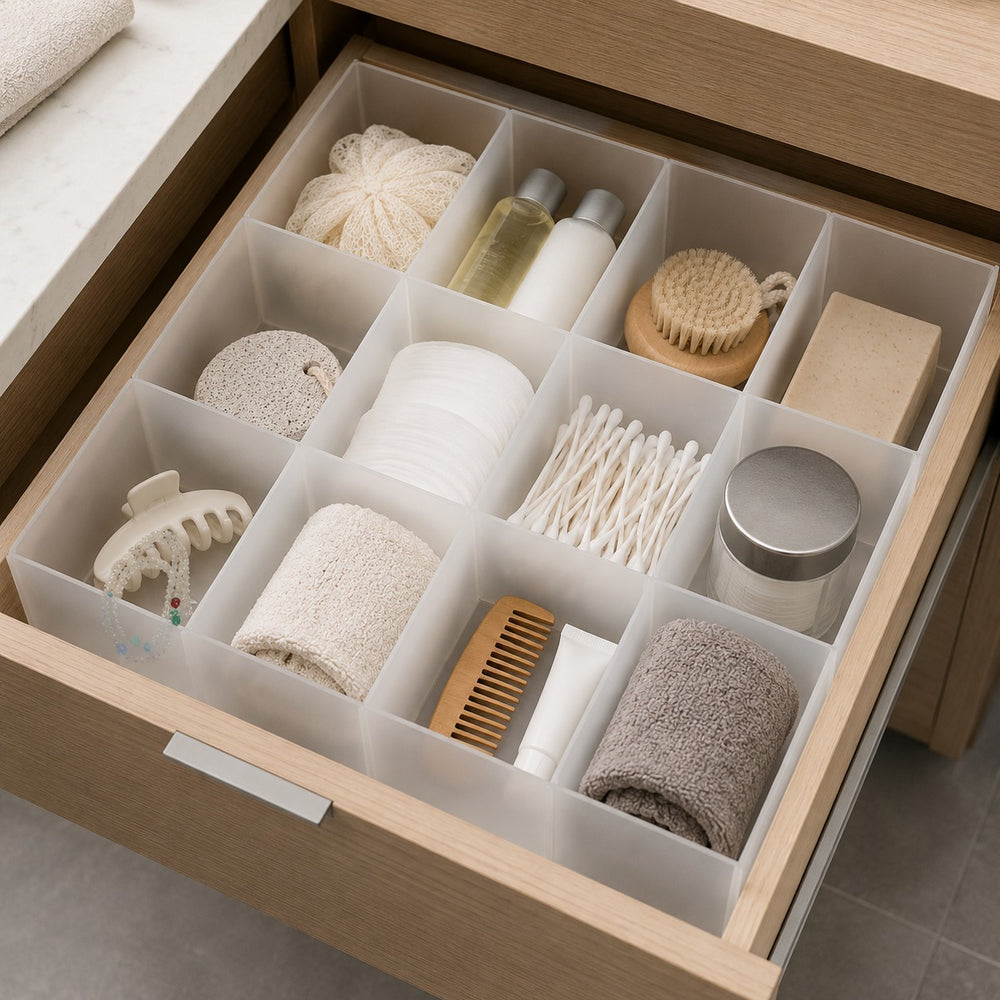 Ordinett 12-compartment drawer organizer neatly arranged inside a modern bathroom drawer, storing cotton pads, cotton swabs, towels, toiletries, brushes, and personal care essentials for organized bathroom storage.