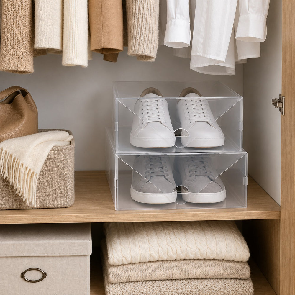 Two clear plastic shoe boxes stacked on a wooden shelf inside a closet, each holding a pair of white sneakers. Folded knit sweaters, hanging white shirts, and a beige handbag are visible around it.