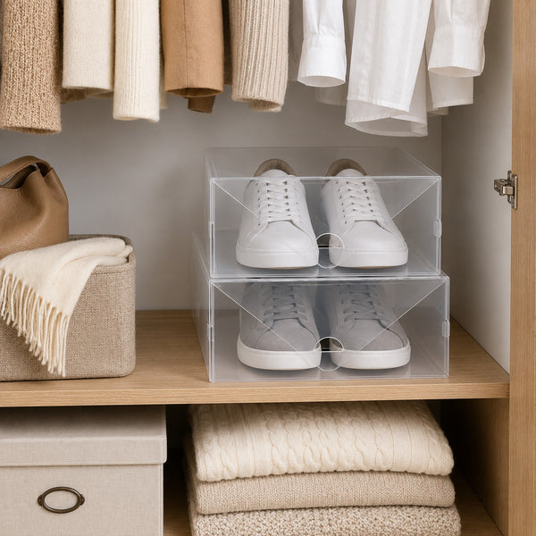Two clear plastic shoe boxes stacked on a wooden shelf inside a closet, each holding a pair of white sneakers. Folded knit sweaters, hanging white shirts, and a beige handbag are visible around it.
