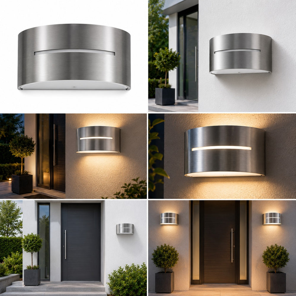 Close-up of the brushed stainless steel finish and centered illuminated slot of the Philips Birdseye wall light.
