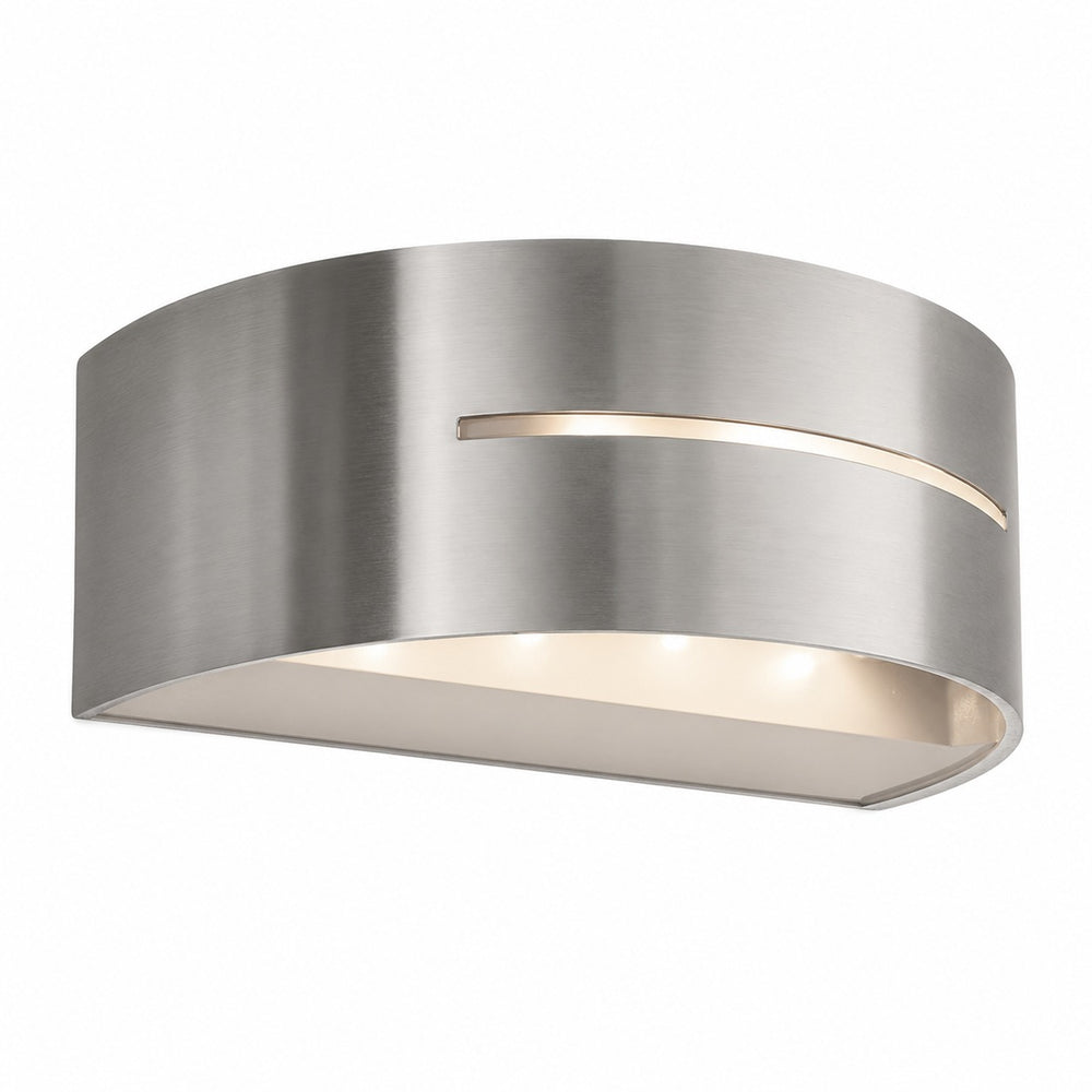 Close-up of the brushed stainless steel finish and centered illuminated slot of the Philips Birdseye wall light.