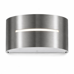 Philips myGarden Birdseye outdoor LED wall light in brushed stainless steel on a white background.