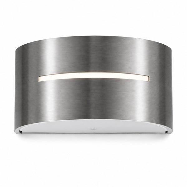 Philips myGarden Birdseye outdoor LED wall light in brushed stainless steel on a white background.