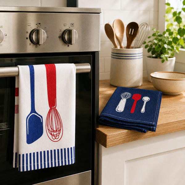 Two kitchen towels displayed in a real kitchen setting: a white towel hanging on an oven handle with blue and red utensil illustrations, and a folded dark blue towel resting on a wooden countertop with matching utensil prints.