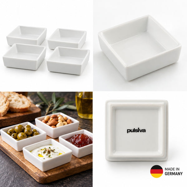 Four-panel collage showing white square ceramic serving dishes: five empty dishes on a white background, one empty dish from an angle, a set of small dishes with food spread on a board, and a close-up of a dish printed with the pulsiva brand plus a Made in Germany badge.