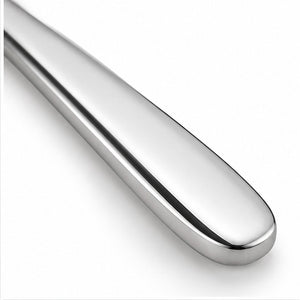 A close-up of a polished metallic silver spoon handle with a smooth, rounded end on a clean white background.