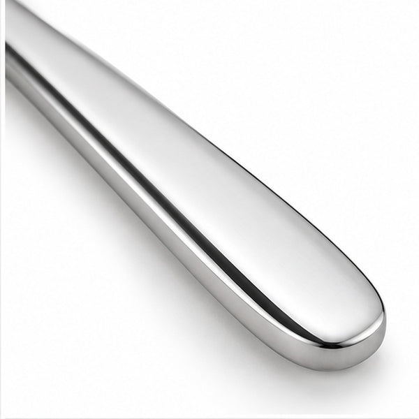 A close-up of a polished metallic silver spoon handle with a smooth, rounded end on a clean white background.