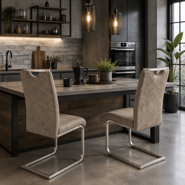 Reality Trieste dining chairs in a modern industrial kitchen.