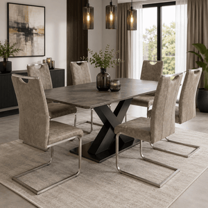 Reality Trieste vintage dining chairs around a modern dining table.