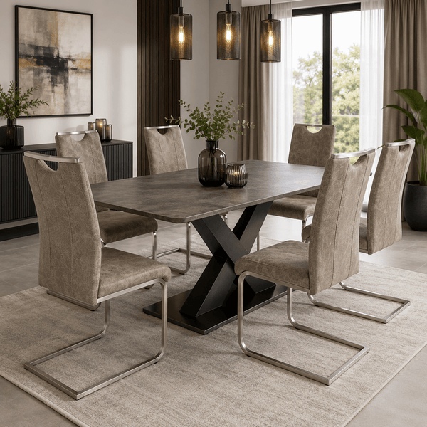 Reality Trieste vintage dining chairs around a modern dining table.