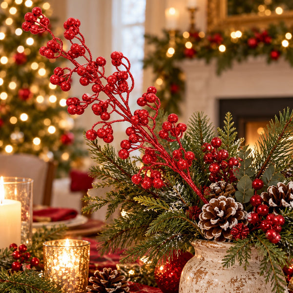 A festive Christmas centerpiece arrangement in a distressed white vase, featuring red berry branches, green pine and eucalyptus foliage, and white pinecones, set on a decorated dining table with candles and a blurred holiday fireplace in the background.