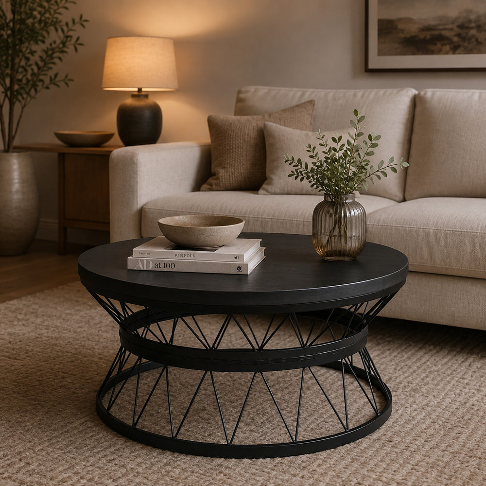 Round handmade metal and wood coffee table with geometric base, 68 cm diameter and 45 cm height