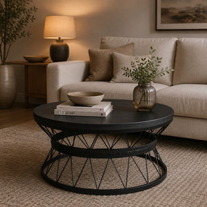 Round handmade metal and wood coffee table with geometric base, 68 cm diameter and 45 cm height