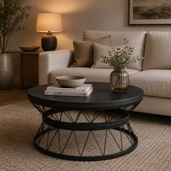 Round handmade metal and wood coffee table with geometric base, 68 cm diameter and 45 cm height