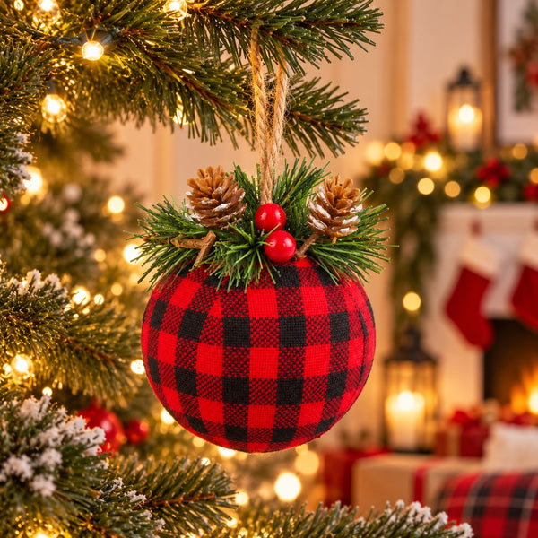 A red and black buffalo plaid fabric Christmas ornament hanging from a decorated Christmas tree branch, with pinecones and red berries on top, set against a warm holiday fireplace background.