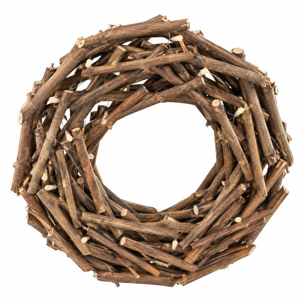 Rustic 30 cm twig Christmas wreath with 10 warm white LED lights on white background.
