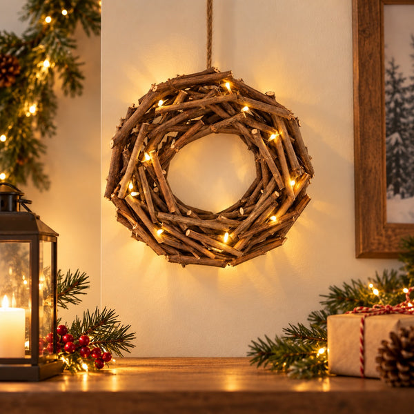 Rustic 30 cm LED twig Christmas wreath displayed in a cozy festive Christmas interior.