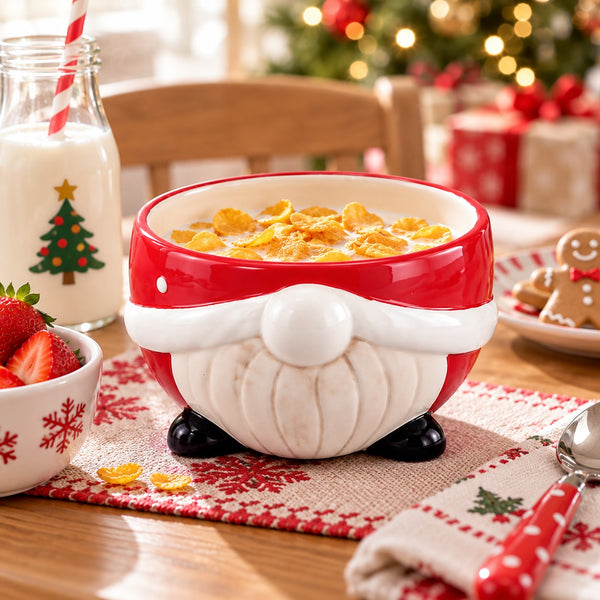 A Christmas-themed ceramic bowl shaped like Santa's face, filled with cereal and milk, set on a wooden table with a holiday table setting including a strawberry bowl, a glass bottle of milk, and a spoon.