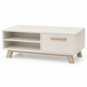 A modern low-profile media console with a warm off-white finish and light natural wood legs and drawer pulls, shown on a clean white background.