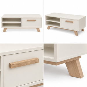 A modern two-piece TV stand or coffee table shown in multiple views: a full front view, a three-quarter view showing the right side and legs, a close-up of the drawer with a wood handle, and a close-up of the angled wooden leg. The furniture has a warm off-white/cream finish with light natural wood accents.