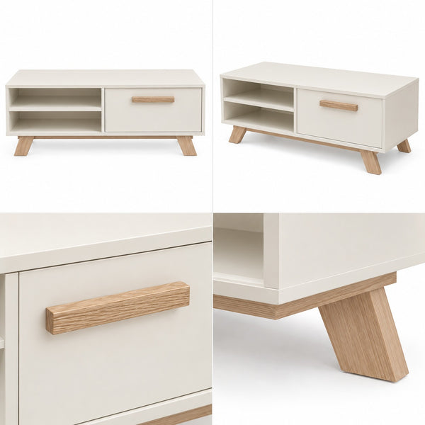 A modern two-piece TV stand or coffee table shown in multiple views: a full front view, a three-quarter view showing the right side and legs, a close-up of the drawer with a wood handle, and a close-up of the angled wooden leg. The furniture has a warm off-white/cream finish with light natural wood accents.
