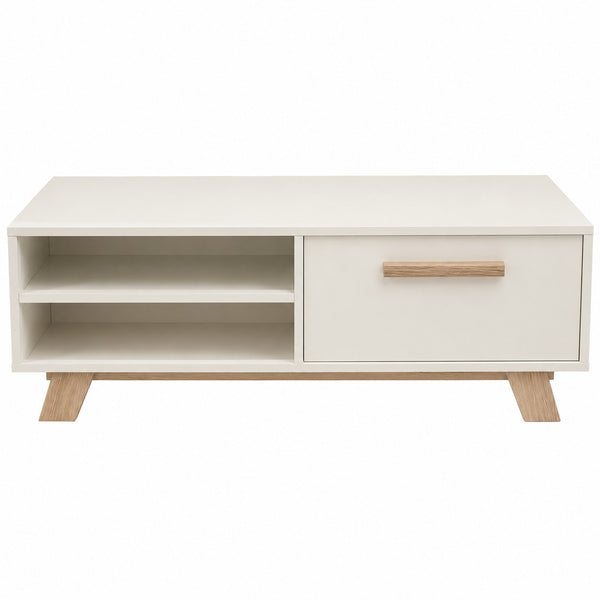 A modern low-profile TV stand or media console with a white finish, featuring two open shelves on the left and a single drawer on the right with a light wood handle. The stand is supported by four angled light wood legs.
