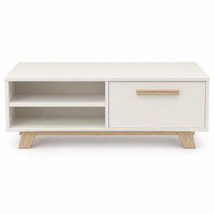 A modern low-profile TV stand or coffee table with a white finish and light natural oak legs and drawer pulls, shown on a solid white background.