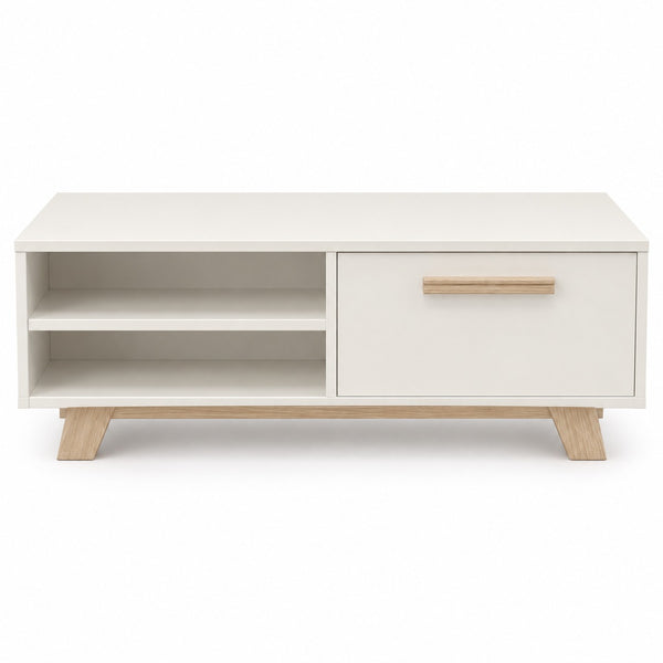 A modern low-profile TV stand or coffee table with a white finish and light natural oak legs and drawer pulls, shown on a solid white background.