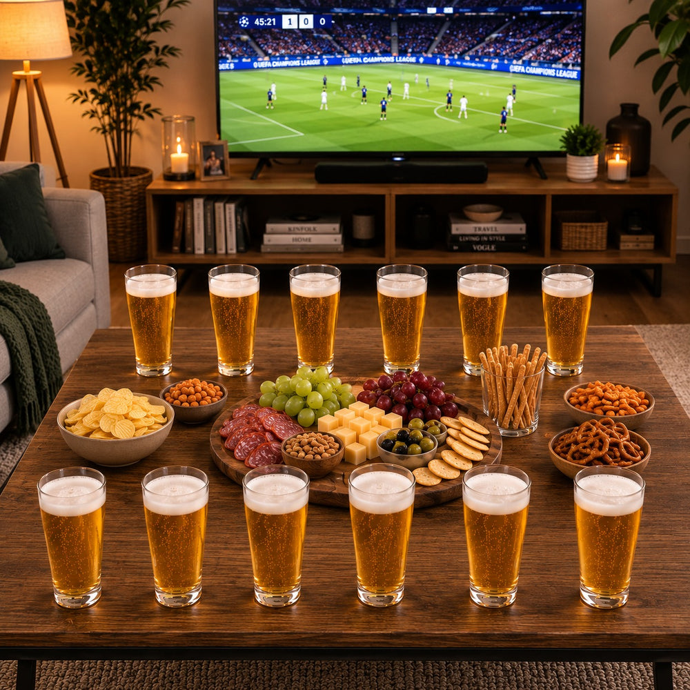 Set of 12 beer glasses with snacks on a living room table during a football match.
