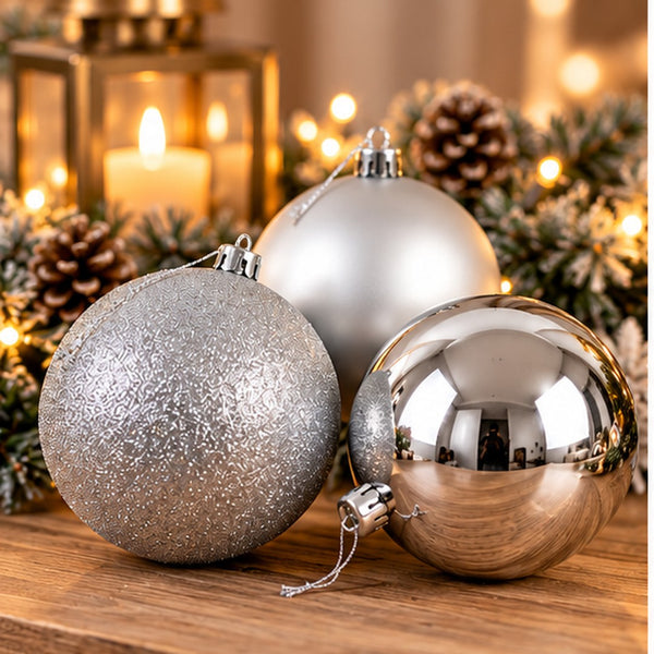 Three silver Christmas ornaments of different finishes resting on a wooden surface, surrounded by holiday greenery, pinecones, and a warm lit lantern in the background.