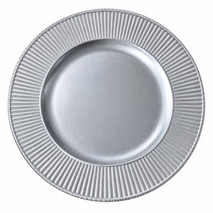 A round silver charger plate with a smooth center and a fluted, ribbed rim, shown from a top-down view on a white background.