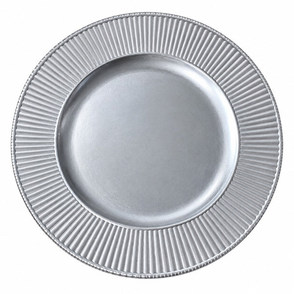 A round silver charger plate with a smooth center and a fluted, ribbed rim, shown from a top-down view on a white background.