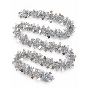 Silver tinsel garland with metallic star accents, arranged in a loose spiral on a plain white background.