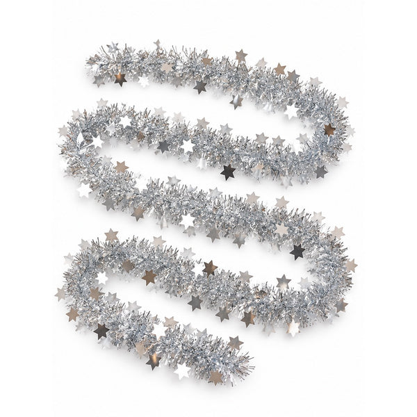 Silver tinsel garland with metallic star accents, arranged in a loose spiral on a plain white background.