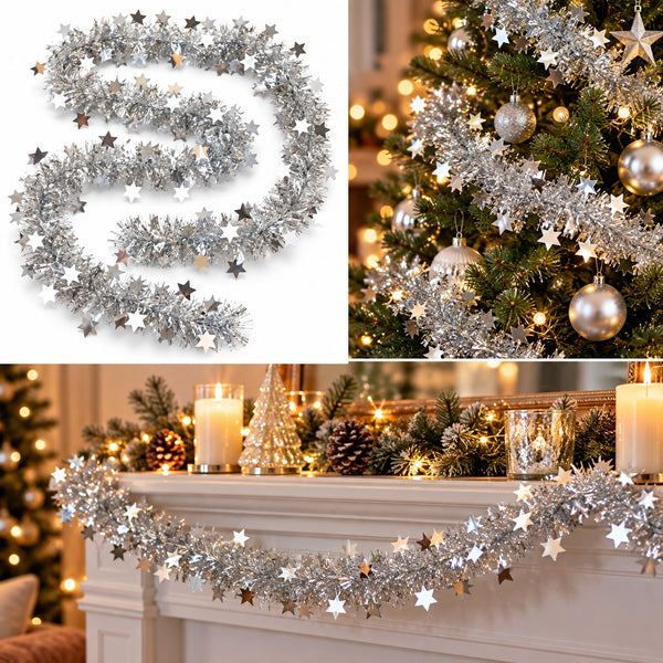 Silver and white star-shaped tinsel garland shown in three views: coiled on a white background, draped on a Christmas tree with warm lights, and hanging around a fireplace mantel with candles and pinecones.