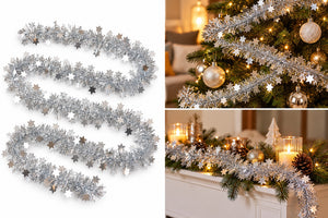 Silver tinsel Christmas garland with star cutouts, shown both as a loose coil on a white background and styled wrapped around a decorated Christmas tree and mantel with warm lights and ornaments.