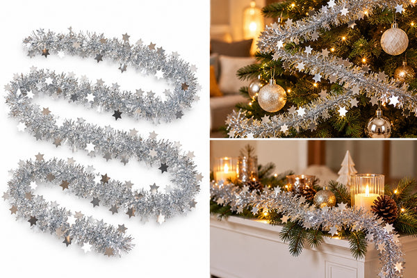 Silver tinsel Christmas garland with star cutouts, shown both as a loose coil on a white background and styled wrapped around a decorated Christmas tree and mantel with warm lights and ornaments.