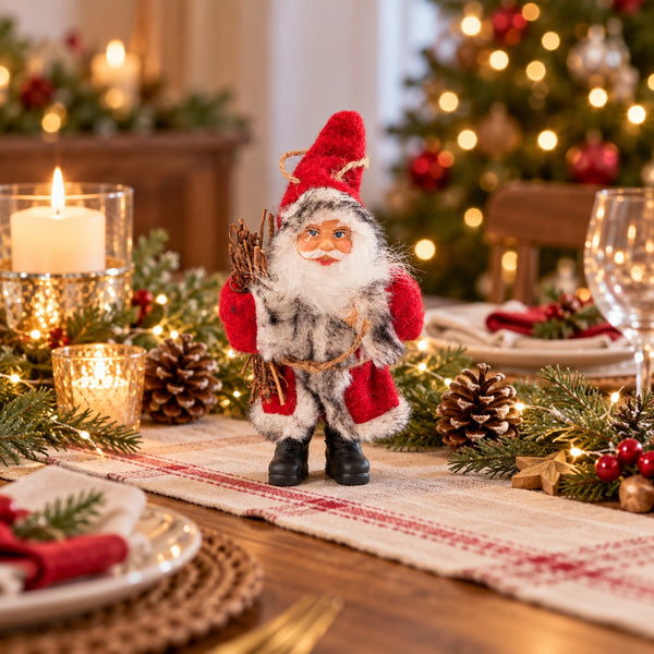 A small Santa Claus figurine with a red hat and coat, white beard, and gray fur-like body, standing on a decorated holiday table runner with candles, pinecones, and a blurred Christmas tree in the background.